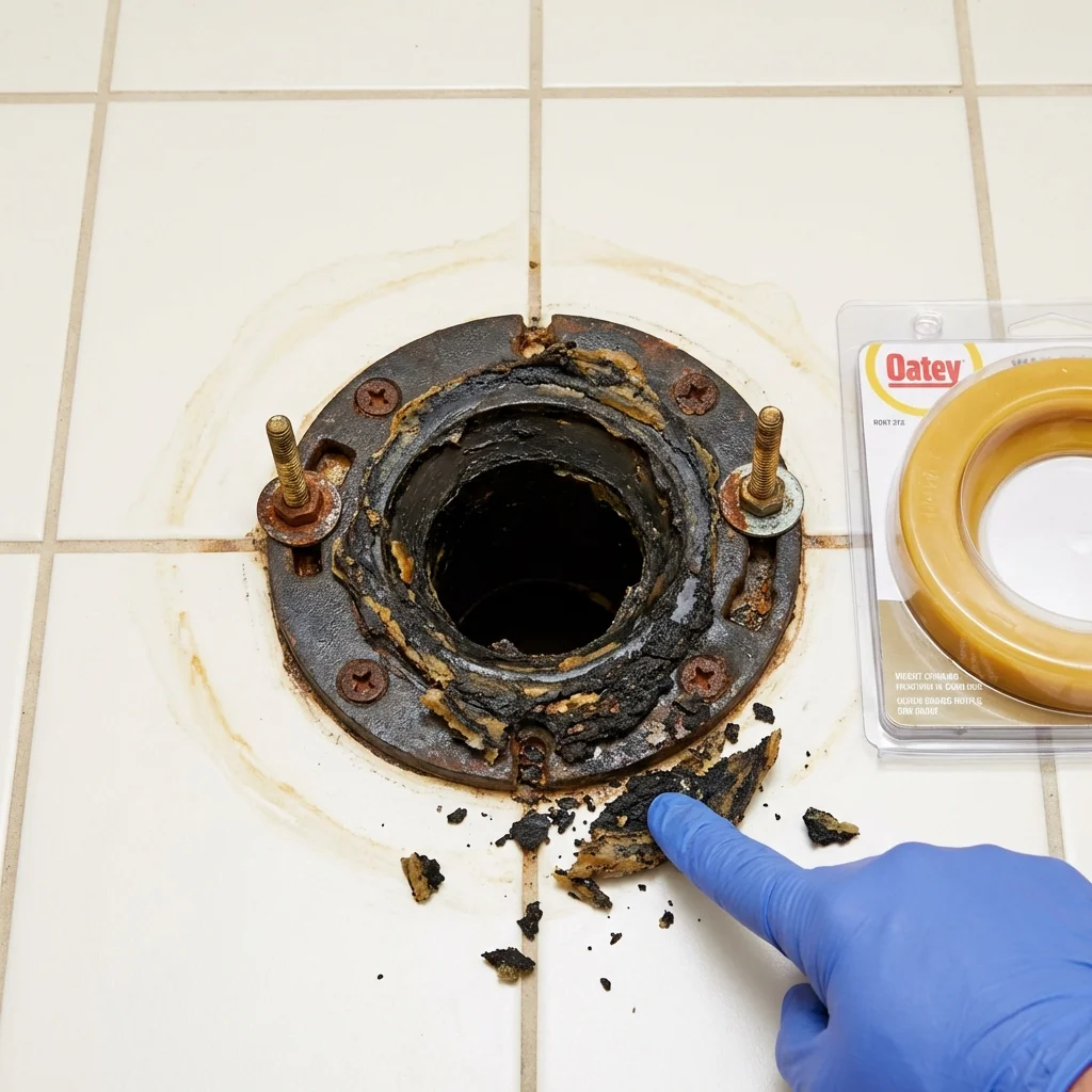 Failed wax ring showing water seepage at the base of a toilet in a Cleveland, TX home