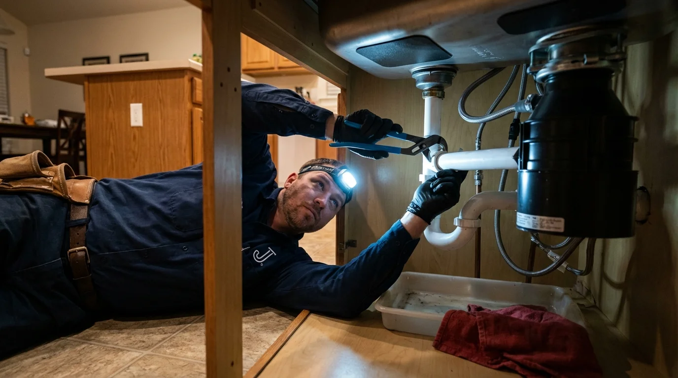 P-trap and supply line connections under a kitchen sink showing a common leak point in Cleveland, TX